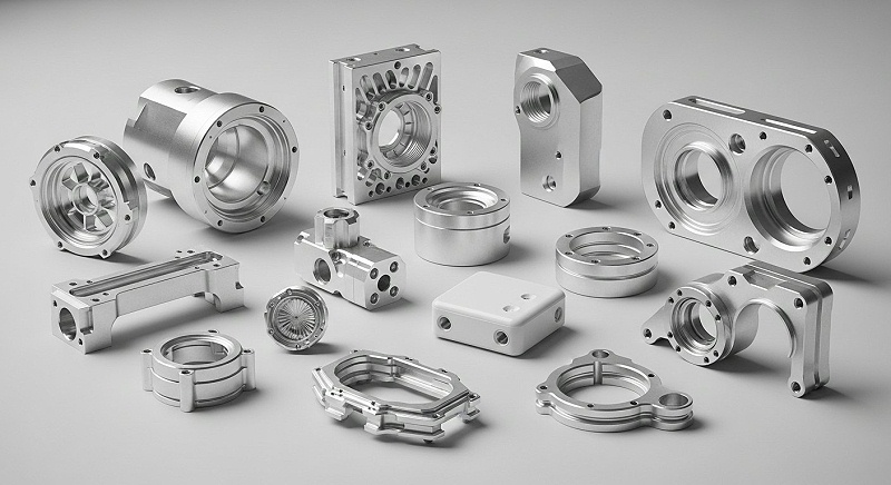 A product collection image featuring a diverse range of high-precision CNC machined aluminum parts, showcasing various complex geometries, tight t