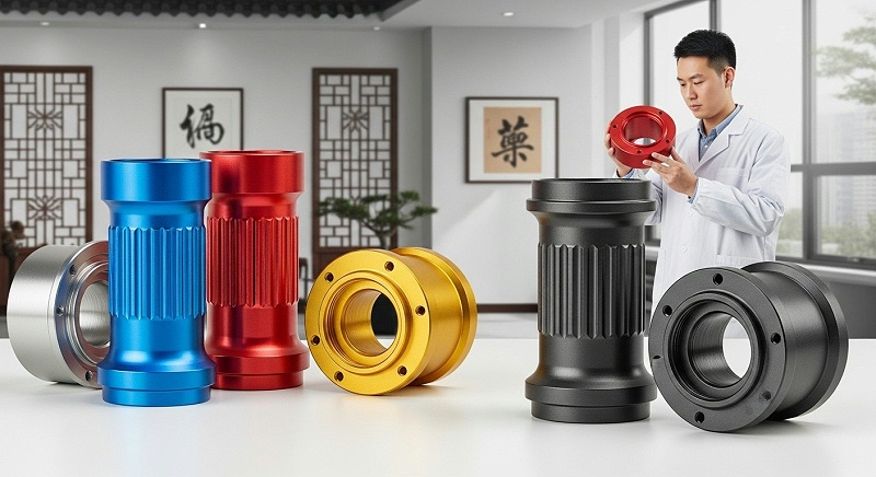 CNC machined aluminum components displaying diverse anodized finishes vibrant Type II colors (blue, red, gold) and durable Type III hard anodize 