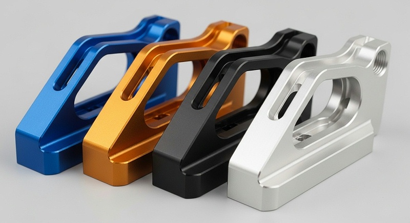 Custom CNC parts, 5 varied anodized finishes.