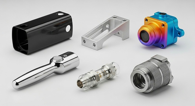 A sophisticated product collection image featuring six distinct, high-precision CNC machined aluminum parts, each with a different surface treatme