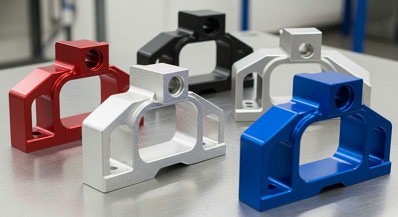 A dynamic collection of five different CNC machined aluminum parts, each showcasing a distinct powder-coated finish. One part is a vibrant red, an