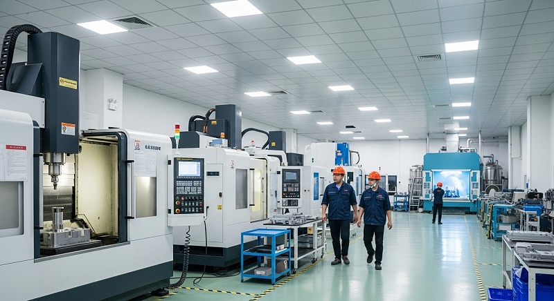 A panoramic view of a sophisticated aluminum CNC machining and surface treatment facility in China, showcasing advanced technology and expert manu