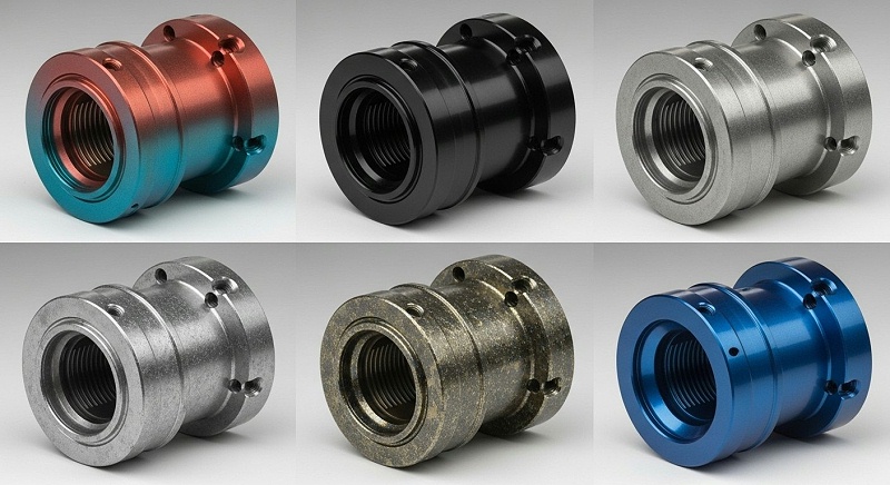 Collection of five high-precision CNC machined parts, each showcasing a distinct advanced surface coating vibrant powder coat, sleek PVD (DLC) fi