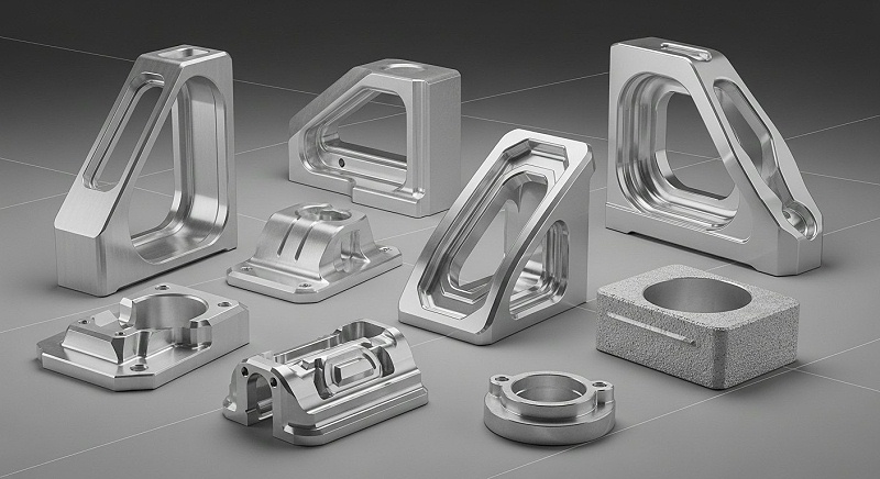 A collection of diverse, high-precision CNC machined aluminum parts, showcasing various finishes (e.g., brushed, polished, bead-blasted) and intri