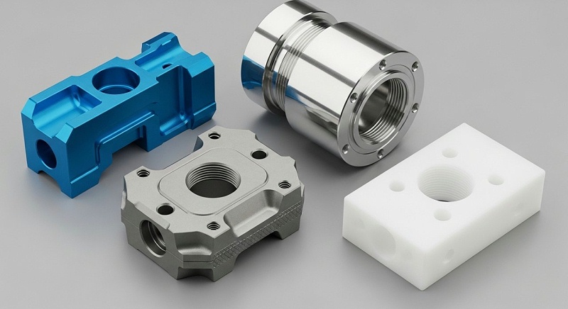 An array of meticulously crafted CNC machined parts showcasing diverse materials, complex geometries, and various surface finishes. Featured compo