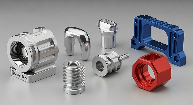 A professional studio photograph of a collection of diverse, high-precision CNC machined aluminum components from ly-machining. The parts should 