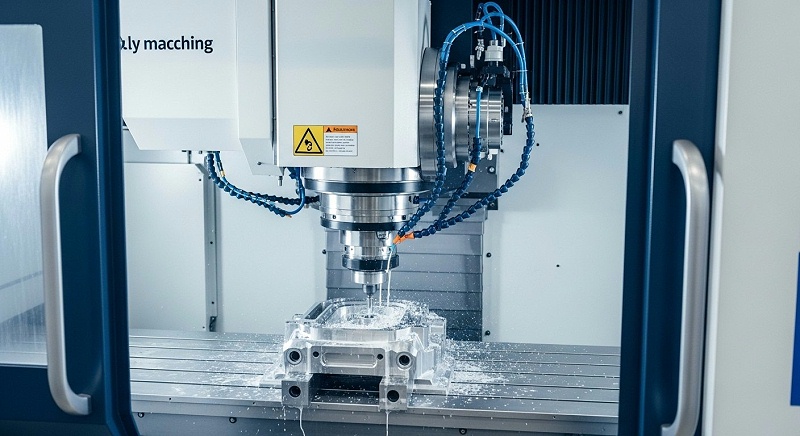 5-axis CNC machining cutting aluminum in factory.