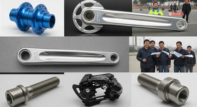 Collection of precision CNC machined bicycle parts with diverse surface finishes anodized blue aluminum hub, polished silver crank arm, laser-eng