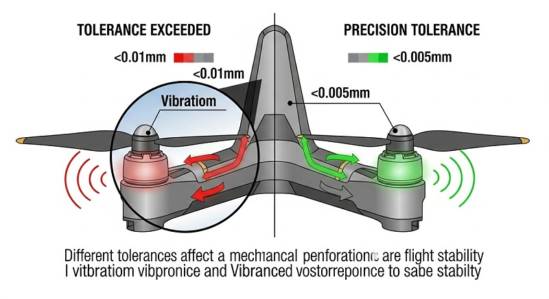 一張清晰的矢量圖（infographic），展示無人機零件（例如螺旋槳基座或關(guān)節(jié)連接器）的局部放大示意圖。圖示通過顏色編碼或箭頭明確標注不同公差等級（如±0.01mm, ±0.005mm）對力學性能和振動響應(yīng)的影響。左側(cè)為“公差超限”，配有紅色警示和模擬的振動波紋；右側(cè)為“精密公差”，配有綠