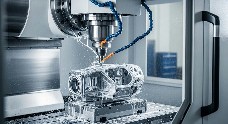 展示一臺現(xiàn)代化的五軸或七軸CNC加工中心正在加工一個復(fù)雜的無人機金屬零件。機床的刀具正在高速切削，切削液飛濺，顯示出動態(tài)感。零件可以是無人機的機身連接件或精密的傳感器外殼，展現(xiàn)其復(fù)雜曲面和精密結(jié)構(gòu)。