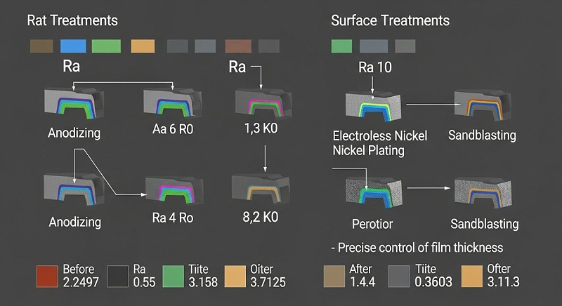 ，對比不同表面處理（如陽極氧化、化學鍍鎳、噴砂）對無人機零件表面粗糙度Ra值和尺寸公差的影響。圖示包含小尺度的零件橫截面示意圖，用不同顏色或紋理表示處理層，并配有處理前后Ra值和公差變化的數(shù)值。強調(diào)“精密控制膜層厚度”的重要性。