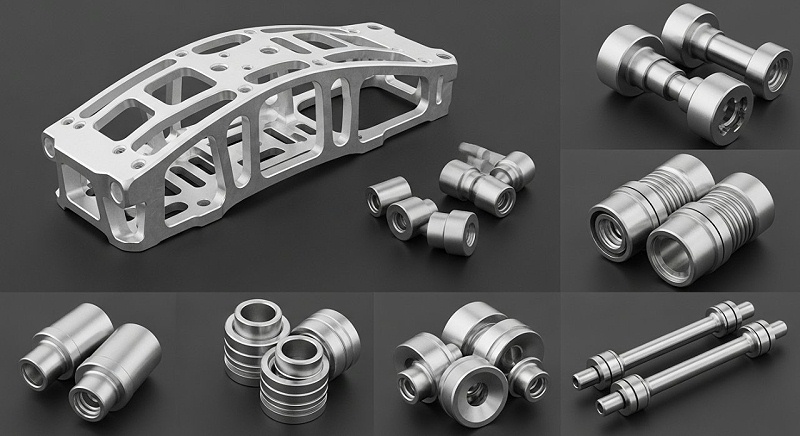 無人機高精度CNC加工零件的產(chǎn)品合集圖片。畫面中展示多種不同材料和功能的無人機金屬零件，如航空級鋁合金機身骨架、鈦合金連接器、不銹鋼傳動軸等。每個零件都經(jīng)過精細加工，表面光潔，細節(jié)清晰，強調(diào)其精密性和高品質(zhì)。