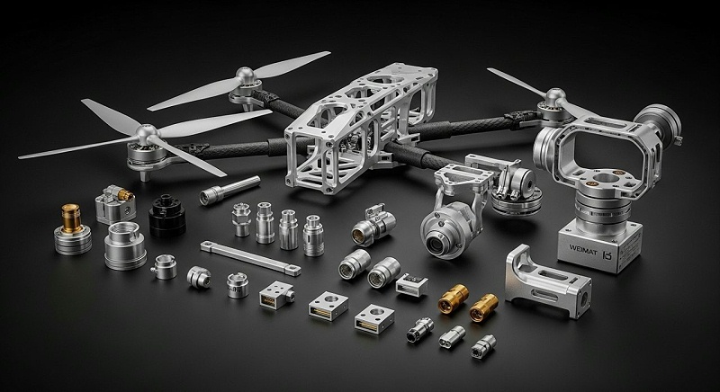 無人機零件產(chǎn)品系列展示圖，可以是無人機螺旋槳、機身骨架、連接器、云臺等多種CNC加工的精密部件的精美擺拍。畫面強調(diào)金屬的質(zhì)感和加工的精細度，展示偉邁特加工的多樣化產(chǎn)品能力。