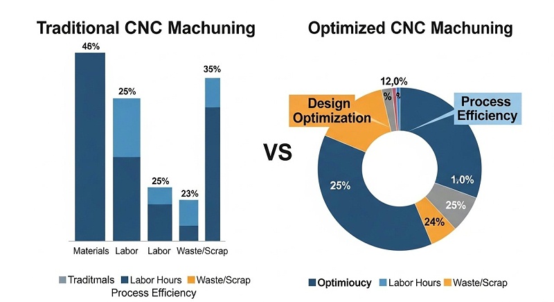 信息圖表，對比傳統(tǒng)CNC加工成本結(jié)構(gòu)與優(yōu)化后的成本結(jié)構(gòu)。傳統(tǒng)結(jié)構(gòu)中材料、工時、損耗占比高，優(yōu)化后則顯著降低，并突出設(shè)計優(yōu)化和工藝效率的重要性。使用清晰的餅狀圖或條形圖。