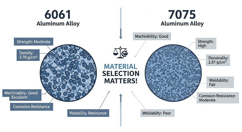 6061鋁合金與7075鋁合金）的微觀結(jié)構(gòu)對比，并配以文字說明其強度、密度和加工性能差異，強調(diào)選擇合適材料的重要性。
