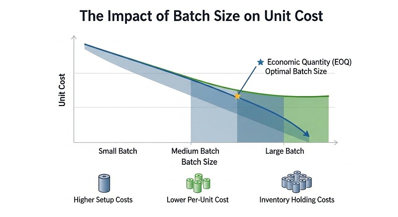 描繪了不同批量大?。ㄐ∨?、中批量、大批量）的單件成本曲線圖，清晰顯示隨著批量增加，單件成本呈下降趨勢，強調(diào)經(jīng)濟批量的重要性。