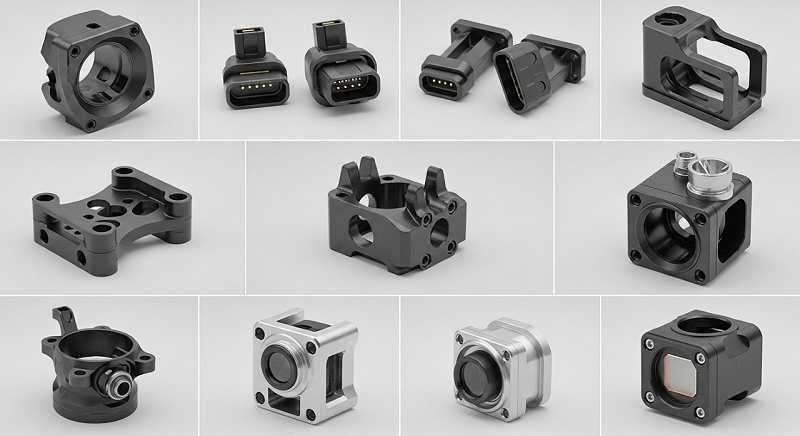 無人機精密零件的產(chǎn)品合集圖片，展示各種復(fù)雜結(jié)構(gòu)的CNC加工無人機部件，如電機座、連接件、傳感器外殼等，強調(diào)高精度和多樣性。