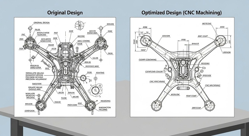 左側(cè)是客戶原始的無人機部件設(shè)計圖紙（復(fù)雜且加工難度大），右側(cè)是偉邁特cnc加工優(yōu)化后的設(shè)計圖紙（結(jié)構(gòu)簡化但功能不變），清晰展示設(shè)計優(yōu)化的效果。