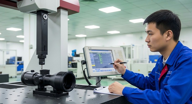 A Coordinate Measuring Machine (CMM) precisely inspecting a CNC machined optical scope housing. A technician monitors the CMM probe ensuring final