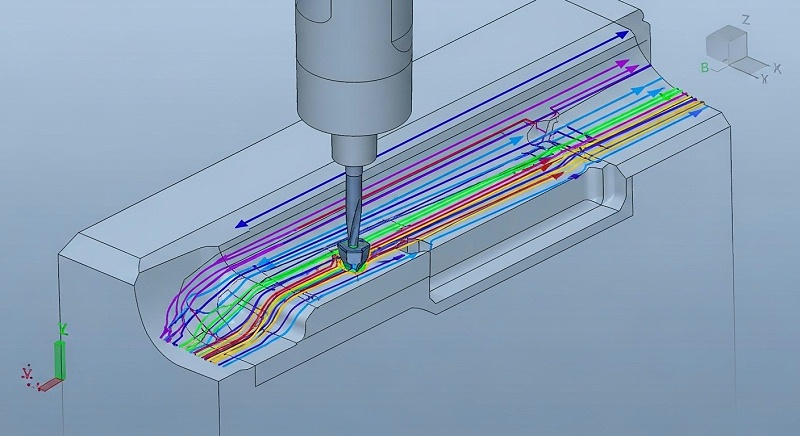 Detailed 3D CAD model with multi-colored CNC machining toolpaths (roughing, finishing, drilling) and a cutting tool, demonstrating CAM software tr