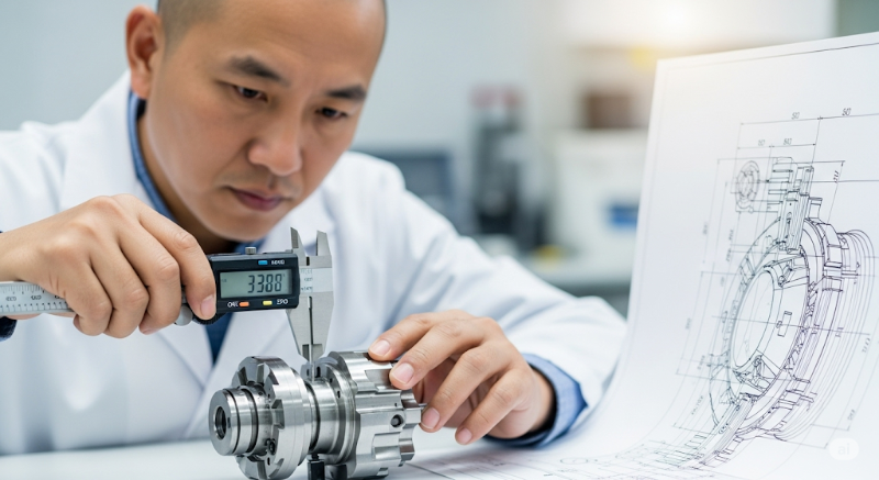A quality control inspector is using a digital caliper to measure a complex, high precision metal CNC part next to a technical drawing.
