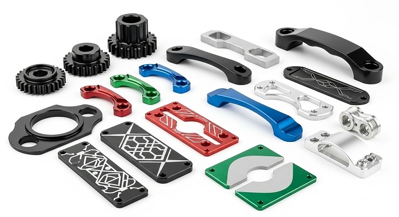 A product collection showcasing high-gloss, intricate aluminum parts that have undergone various advanced surface finishing processes (e.g., anodi